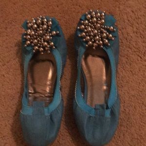 Tiffany blue flats with gold decor on toe